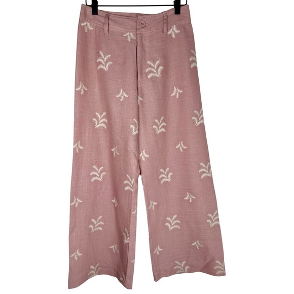 NWT Elie Tahari Womens Linen Blend Pants Wide Leg Embroidered Soft Mauve Size 2 - Picture 3 of 11